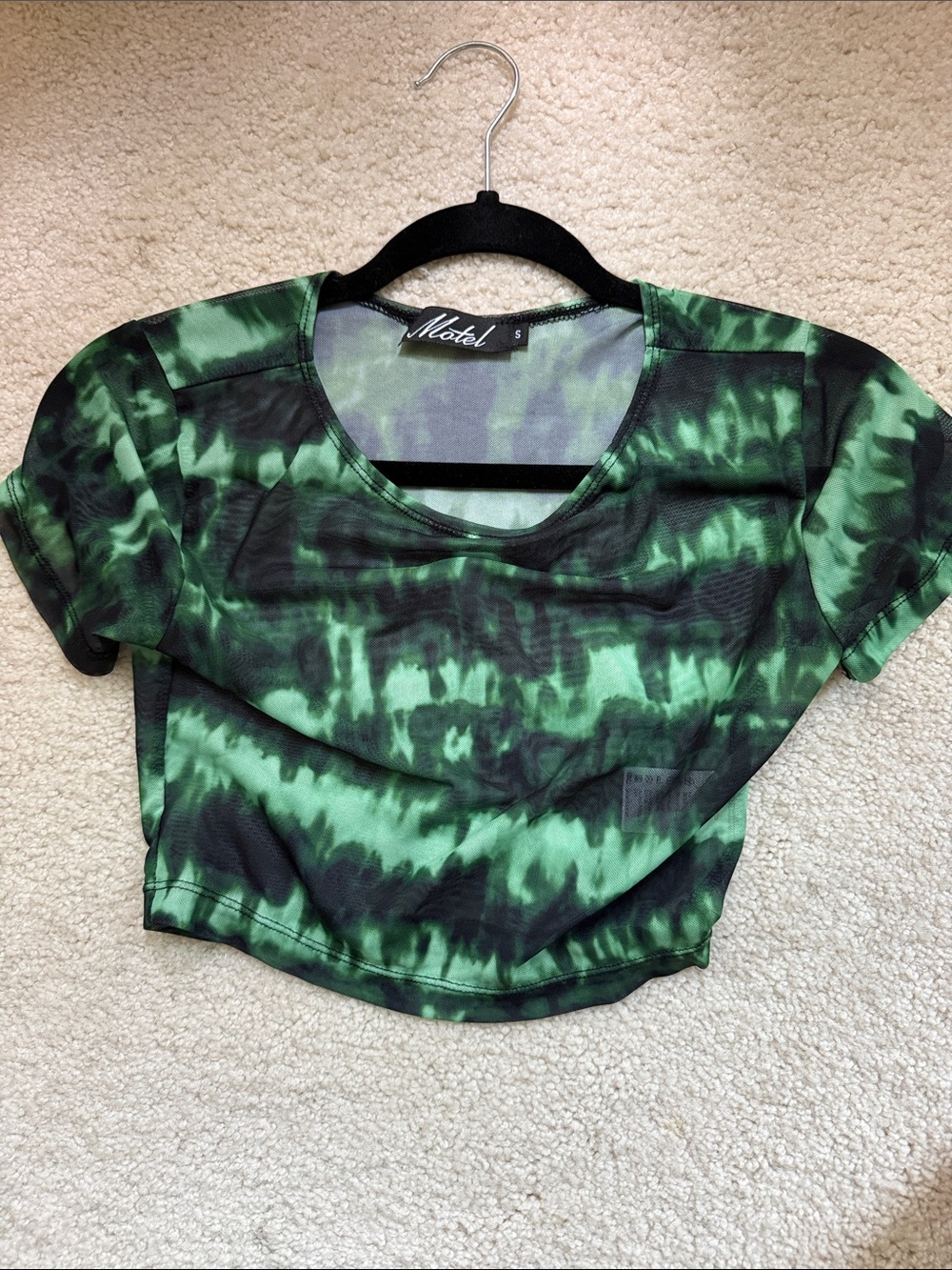 Motel Rocks Green and Black Tie-Dye mesh Scoop Neck Crop Top